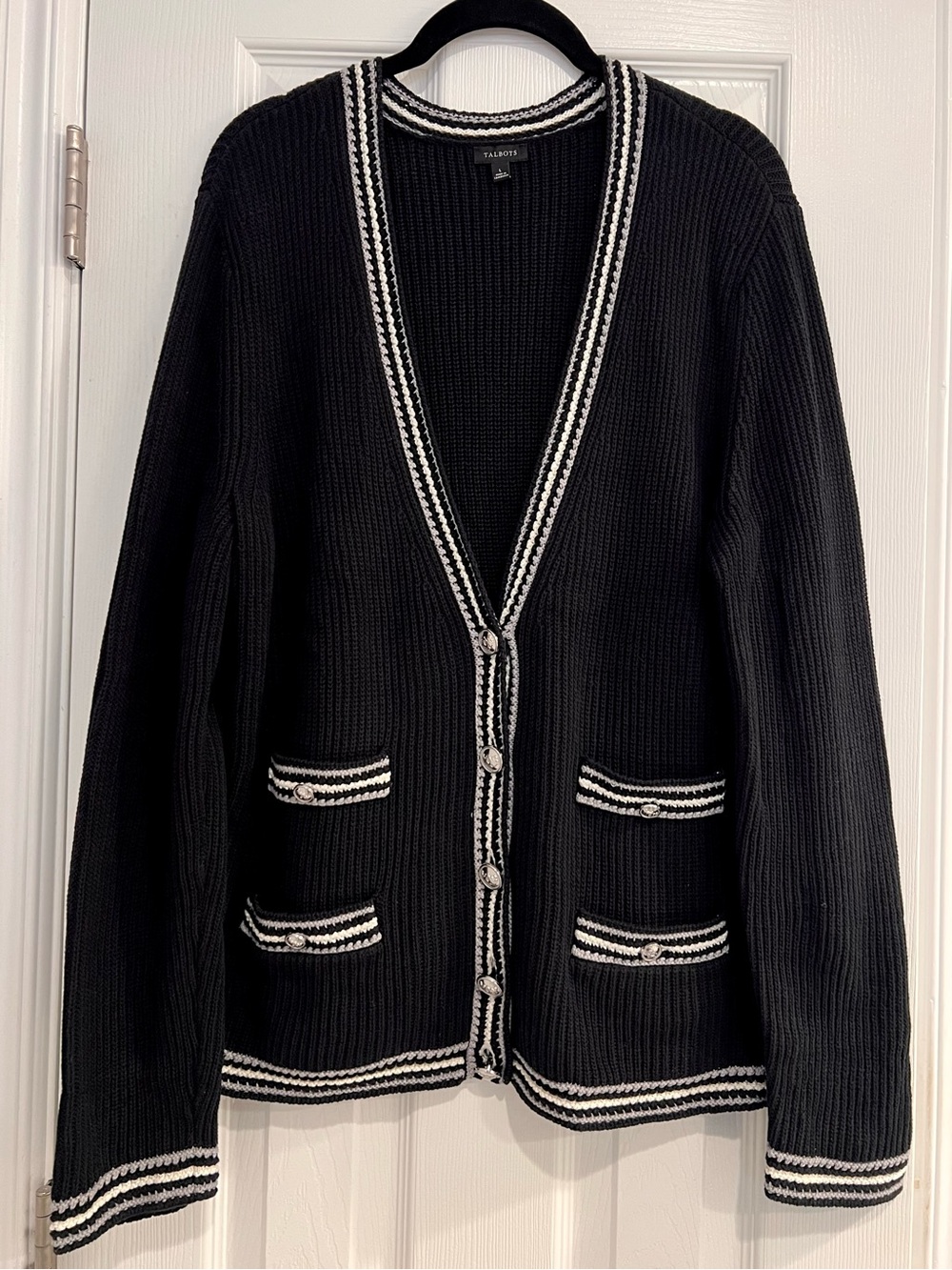 Talbots 100% Cotton Black White Ribbed Knit Cardigan Old Money Academia Preppy L